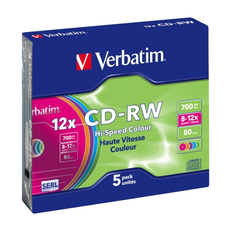 Оптичні диски Verbatim CD-RW 700Mb 12X Slim Case 5шт Color (43167)